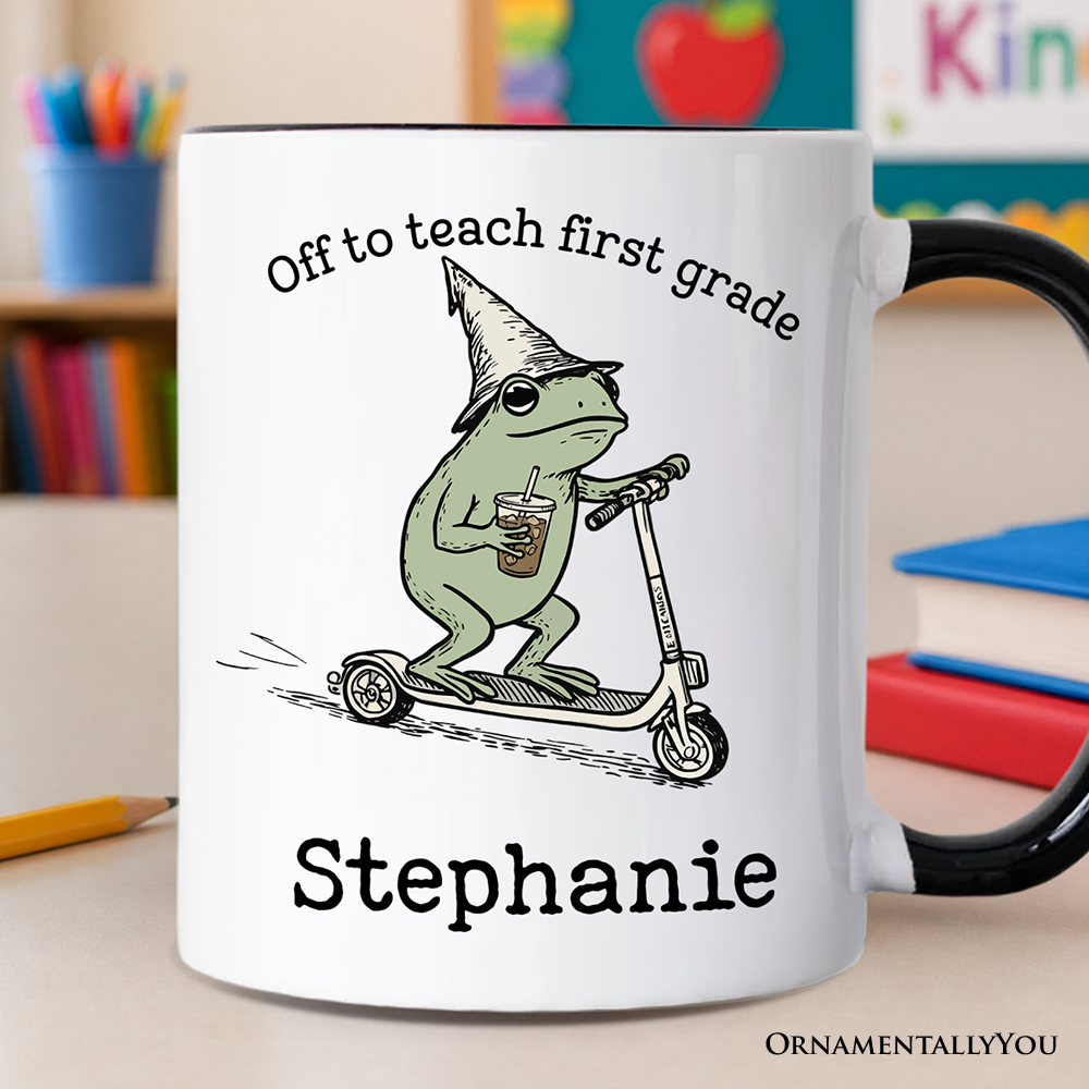 Off to Teach First Grade Frog Personalized Mug, Funny Teachers Gift with Custom Name