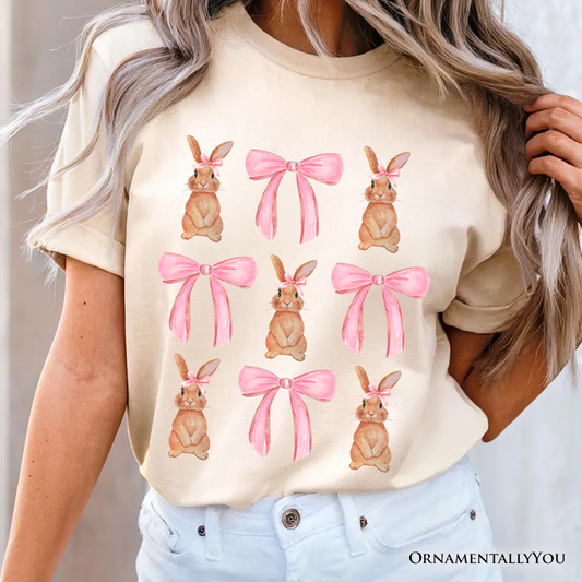 Coquette Bunny Pink Bow Easter T-Shirt, Cute Girly Bunny Spring Tee