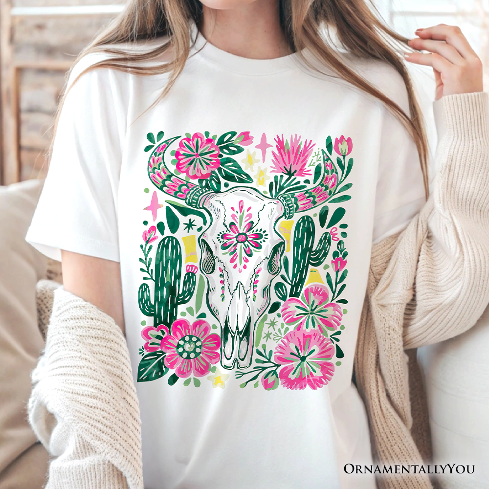 Western Floral Cow Skull T-Shirt, Boho Cowgirl Wildflower Cactus Tee