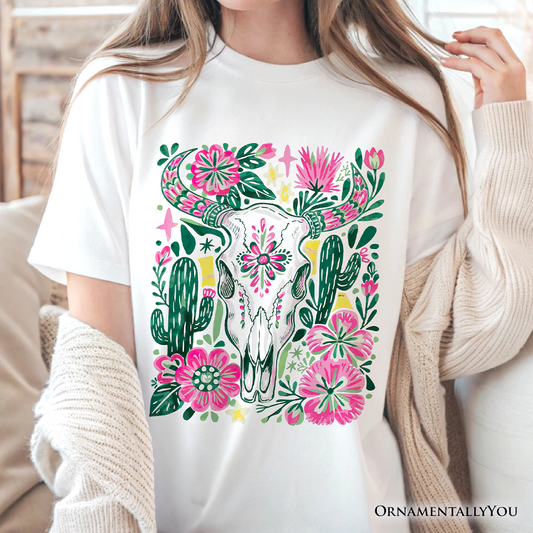 Western Floral Cow Skull T-Shirt, Boho Cowgirl Wildflower Cactus Tee