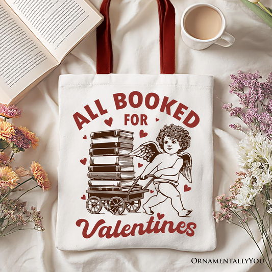 All Booked For Valentines Cupid Canvas Tote Bag, Vintage Funny Bookworm Gift