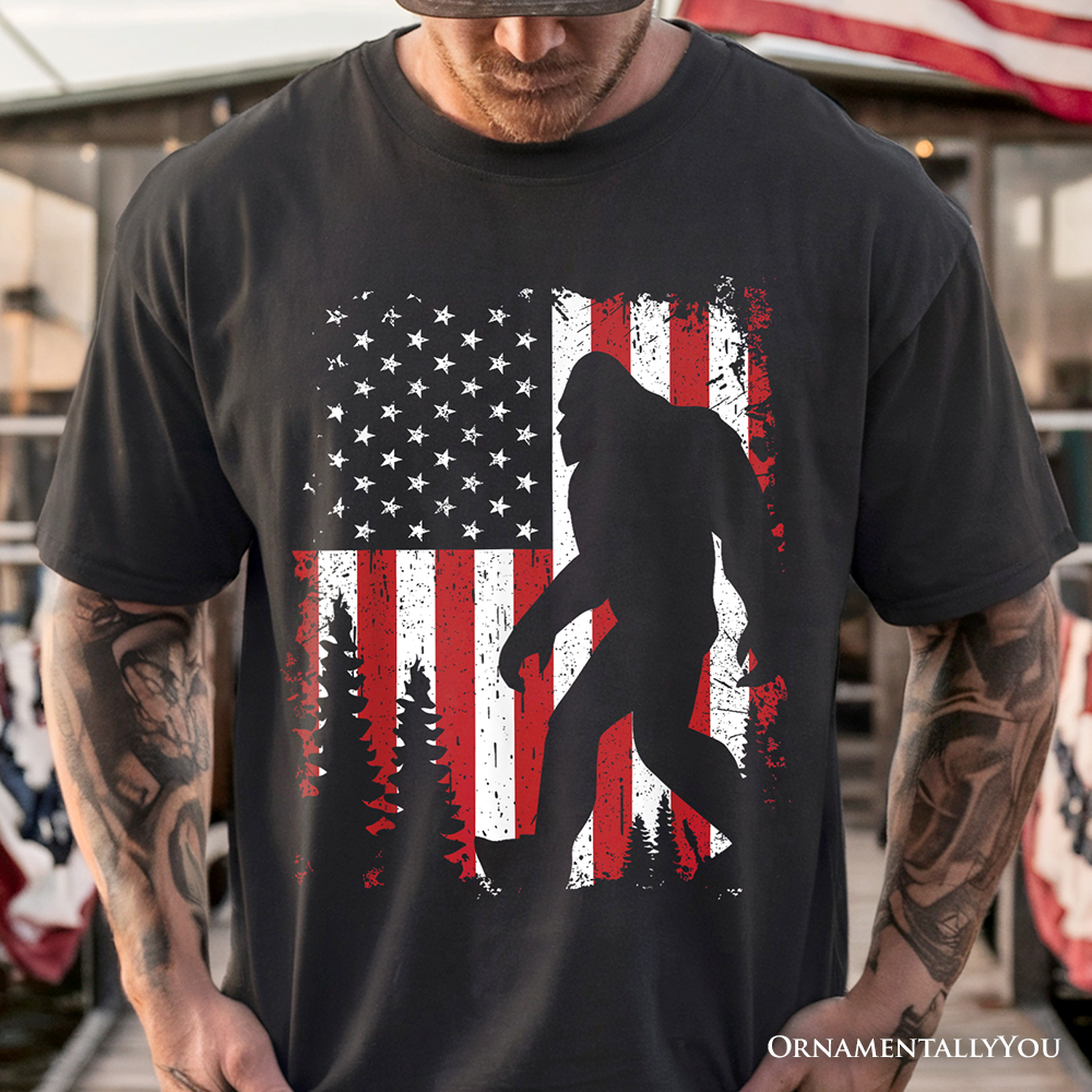Bigfoot American Flag T-Shirt, Patriotic Sasquatch Tee