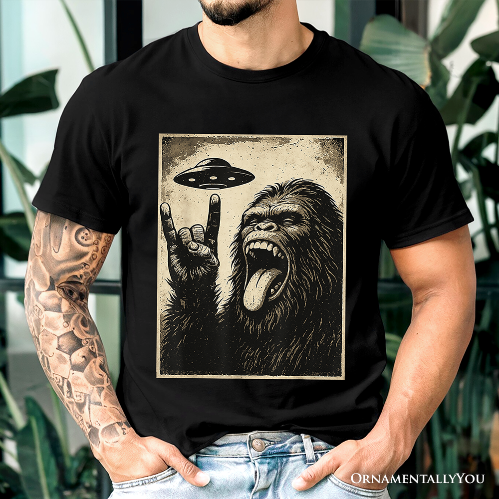 Bigfoot UFO Funny T-Shirt, Rock and Roll Sasquatch Meme Tee