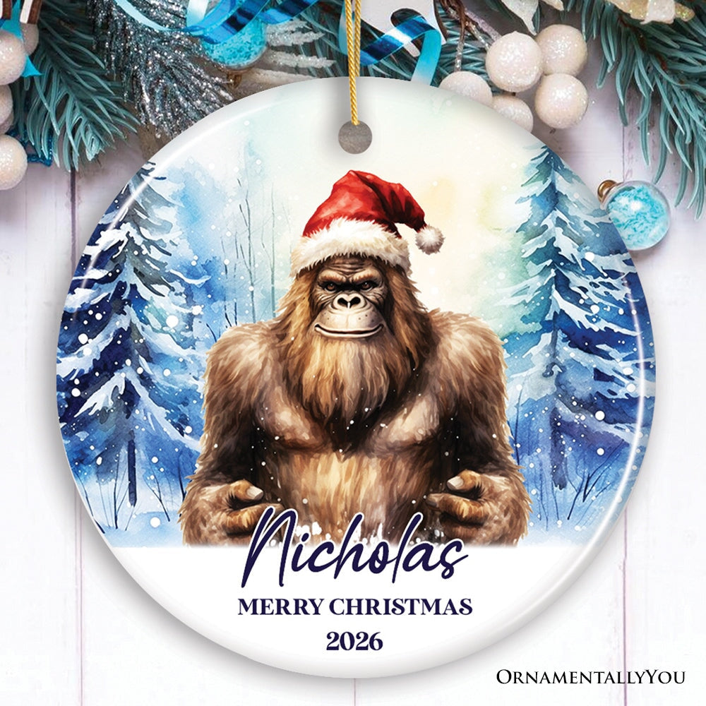 Bigfoot with Santa Hat Personalized Ornament, Winter Forest Christmas Gift With Custom Name and Date