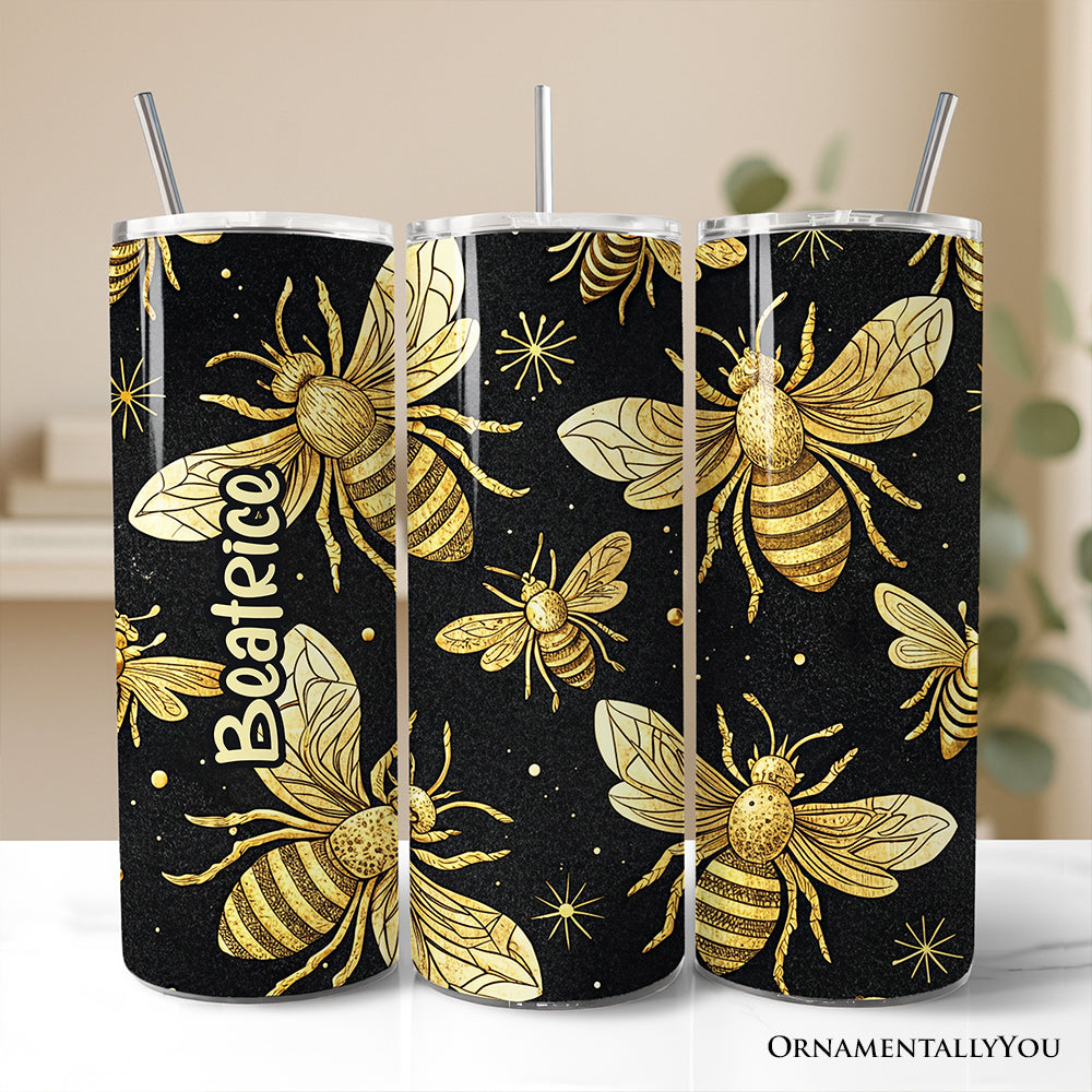 Black and Gold Bee Pattern 20oz Personalized Tumbler With Lid and Stainless Steel Straw, Elegant Apiarist Gift Cup
