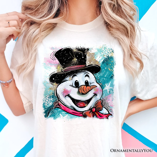 Brushstroke Cute Snowman T-Shirt, Preppy Merry Christmas Glitter Holiday Tee