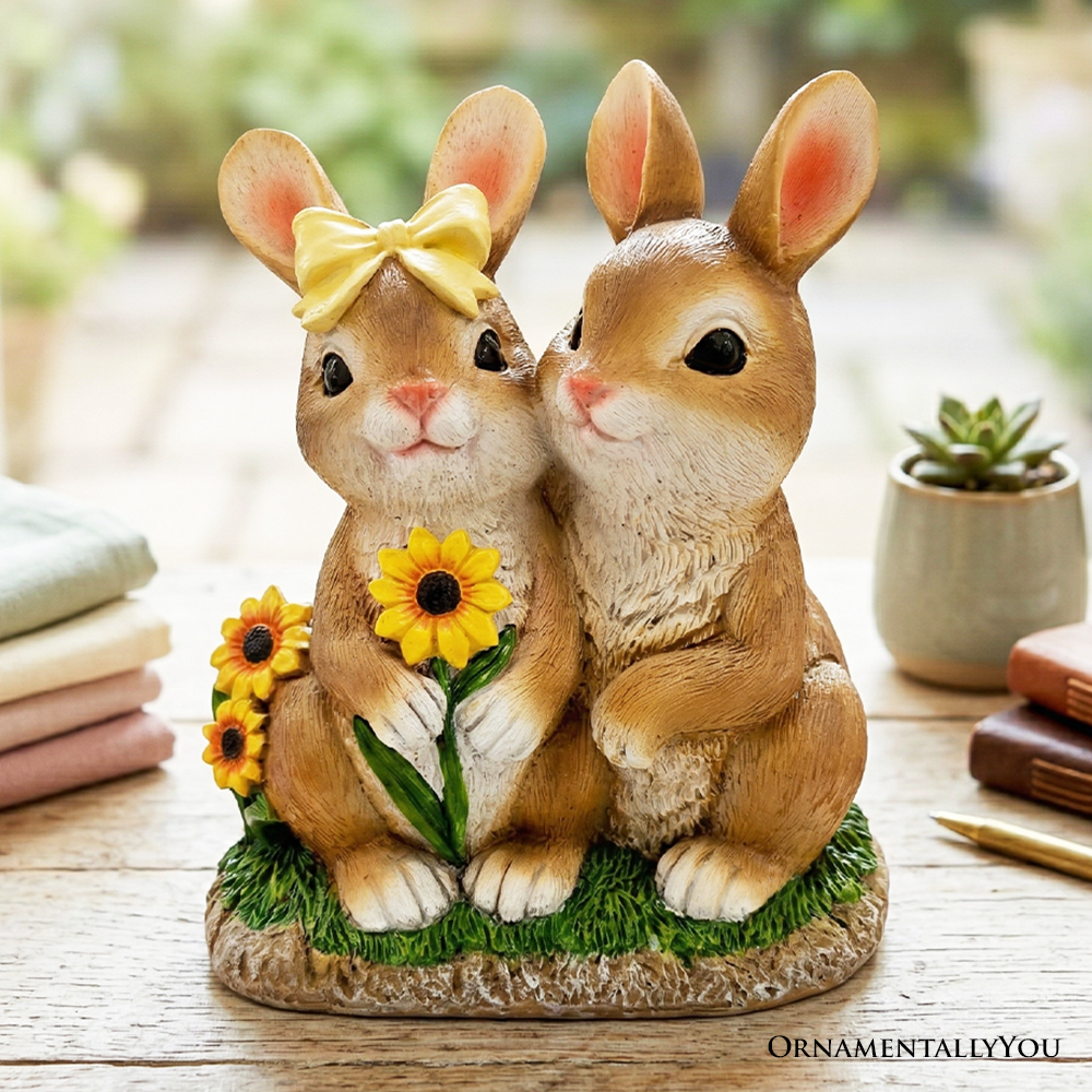 Bunny Embrace Garden Statue, 8" Hugging Rabbit Couple Figurine Outdoor Decor