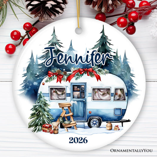 Camping Personalized Ornament, Enchanted Frost Winter Christmas Gift With Custom Name and Date