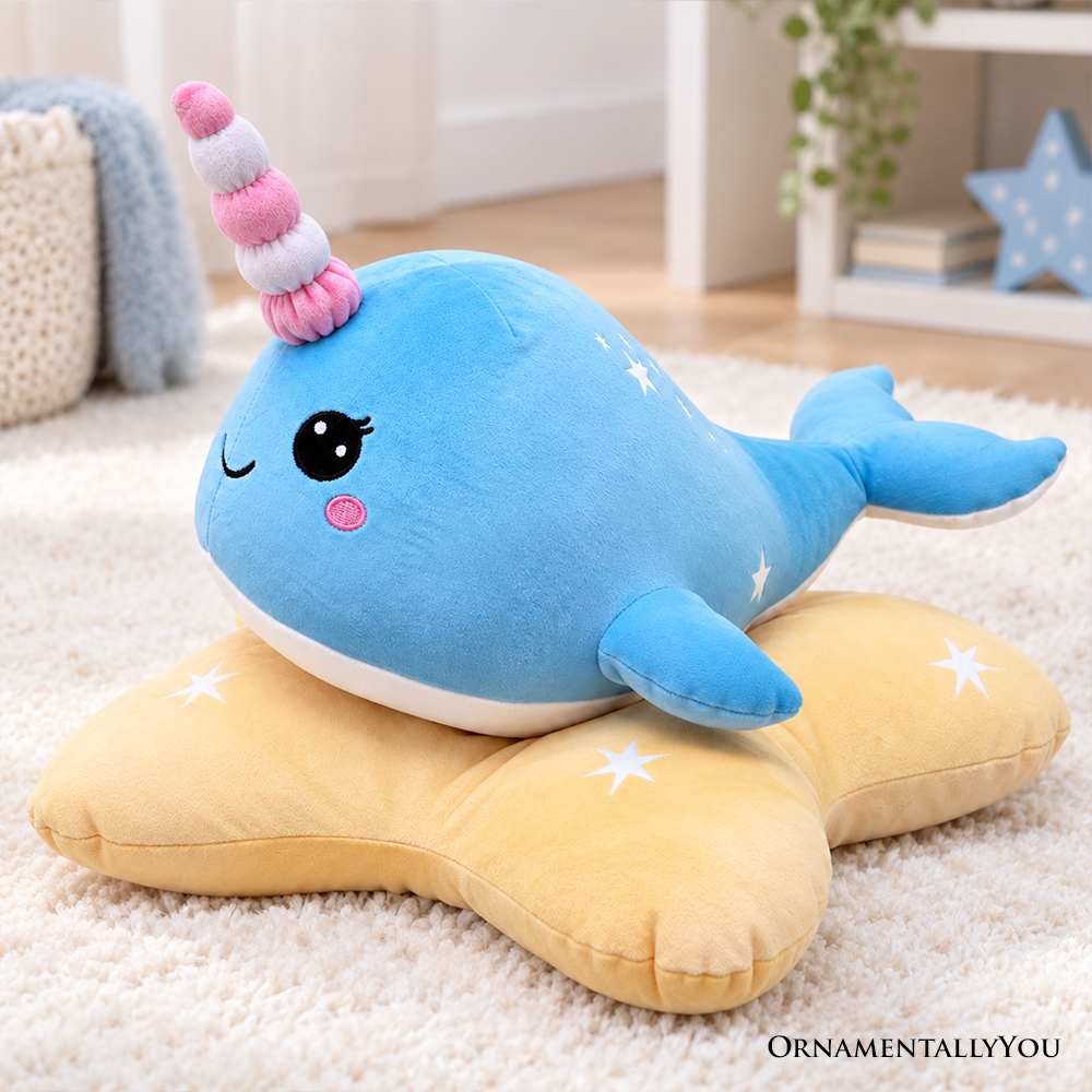 Celeste the Narwhal Plushie, Cute 17" Sea Unicorn Stuffed Animal on Star Pillow for Kids’ Gifts