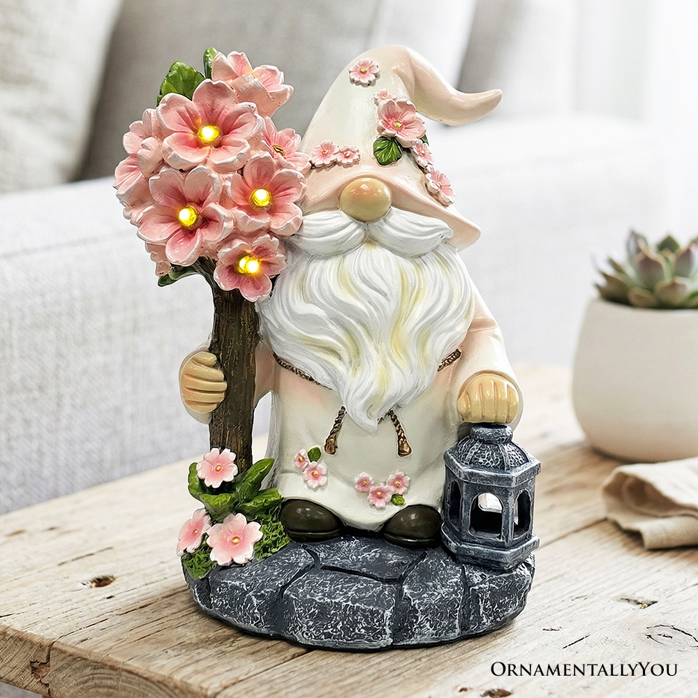 Cherry Blossom Gnome Solar Garden Statue, 8" Figurine and Floral Outdoor Decor