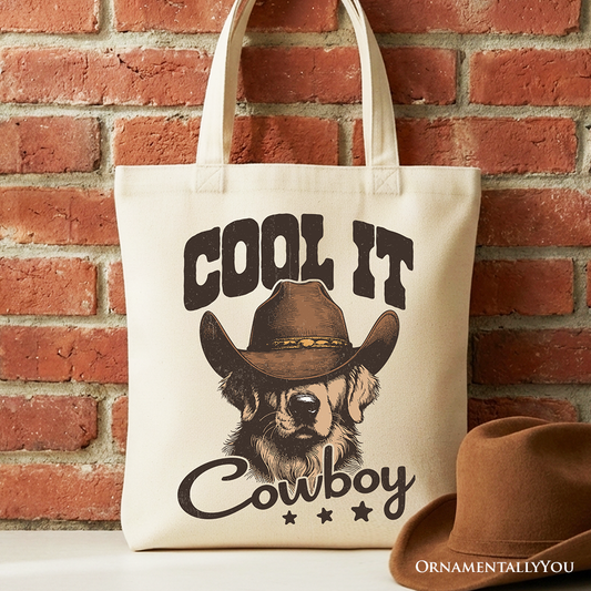 Cool It Cowboy Canvas Tote Bag With Western Dog, Retro Golden Retriever Gift Shopper for Country Lover
