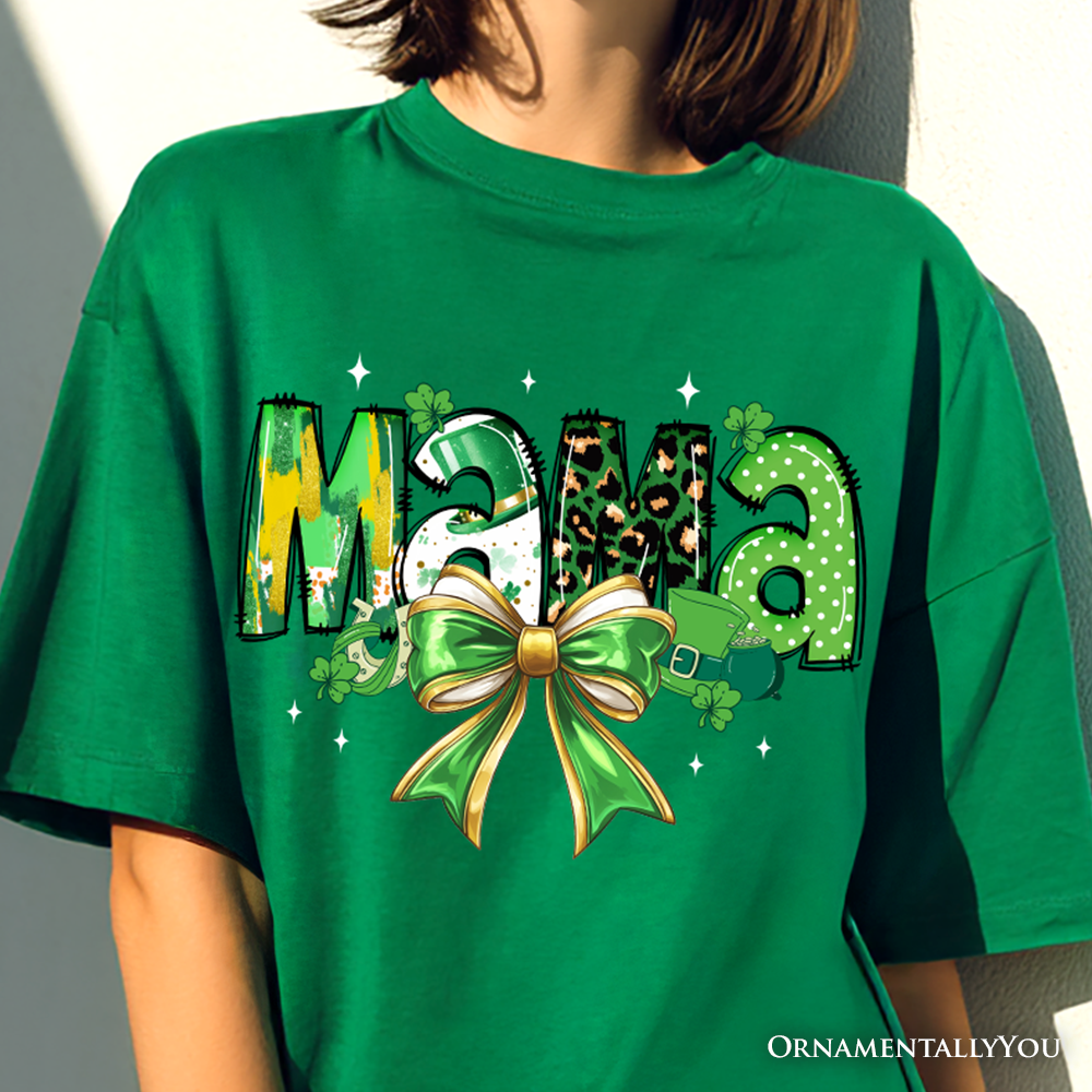 Coquette Mama Bow St Patrick’s Day T-Shirt, Green Lucky Shamrock Clover Tee
