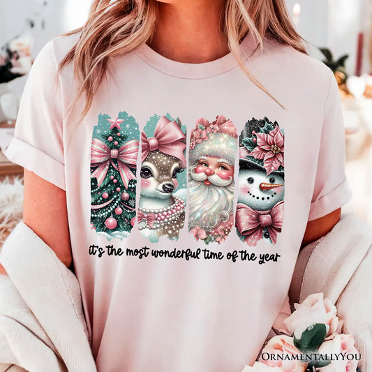 Coquette Pink Christmas T‑Shirt, It's The Most Wonderful Time Of The Year Vintage Tree, Reindeer, Santa and Snowman Tee