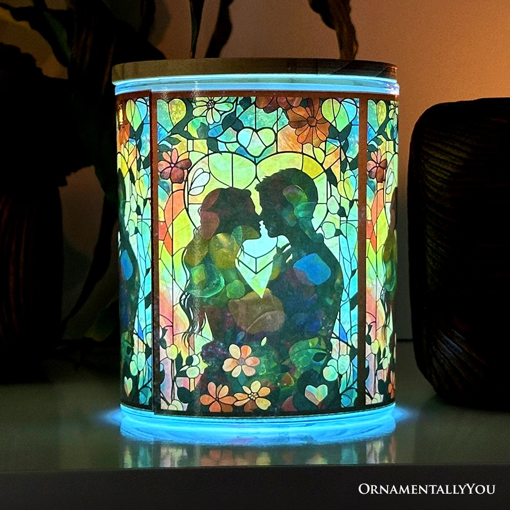 Couple in Love Faux Stained Glass LED Tea Light Candle, Heartfelt Romantic Decor With Soft Glow