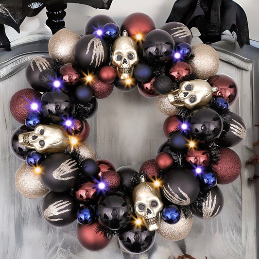 Creep and Glitter Spooky Wreath with Skeleton Skull Baubles, Black, Maroon and Gold Colors with Shiny Glitter