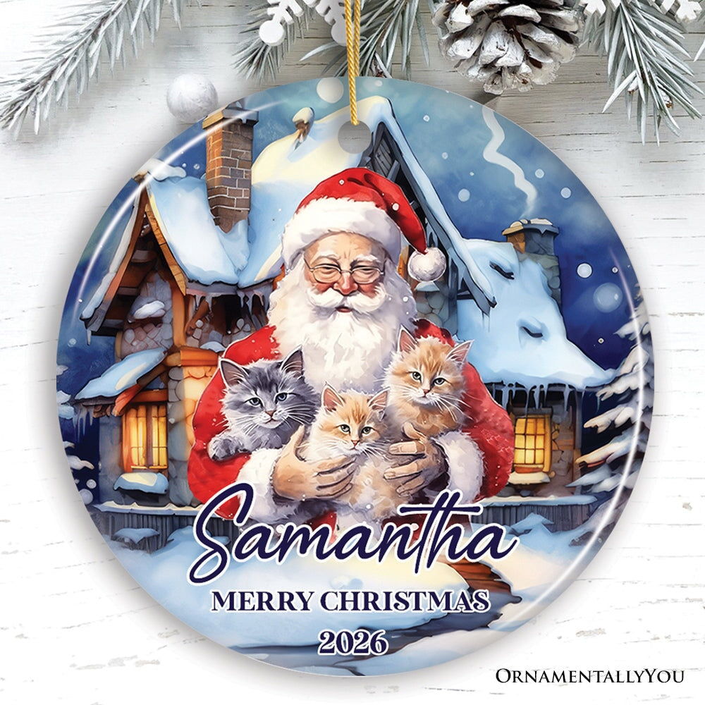 Cute Santa With Cats Personalized Ornament, Festive Christmas Gift With Custom Name and Date