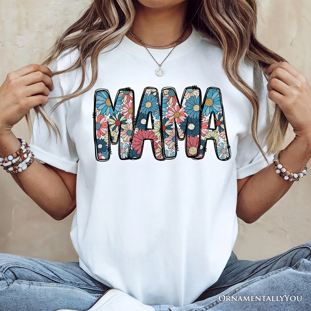 Daisy Floral Mama T-Shirt, Colorful Retro White Tee for Stylish and Cheerful Women