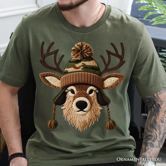 Deer Head Camo Hat Christmas T-Shirt, Imitation Latch Hook Yarn Cozy Hunting Season Tee
