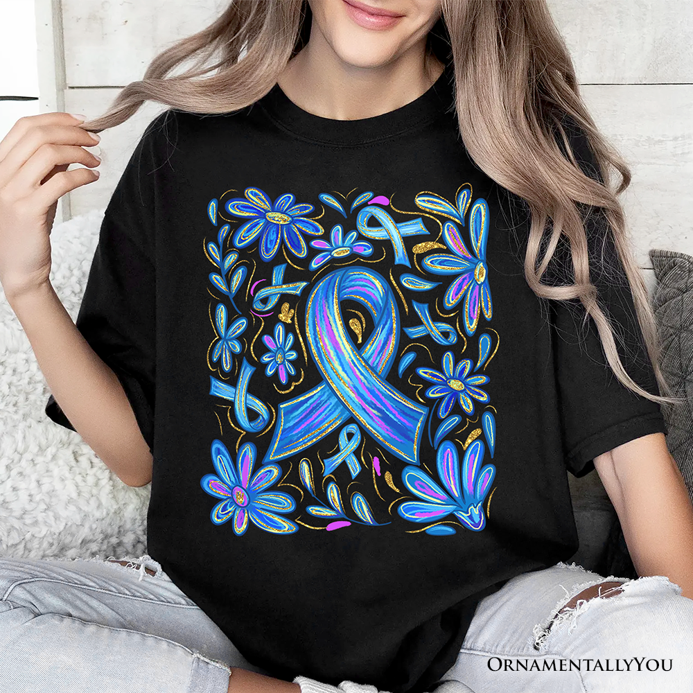 Diabetes Blue Ribbon Floral T-Shirt, Awareness Support Tee