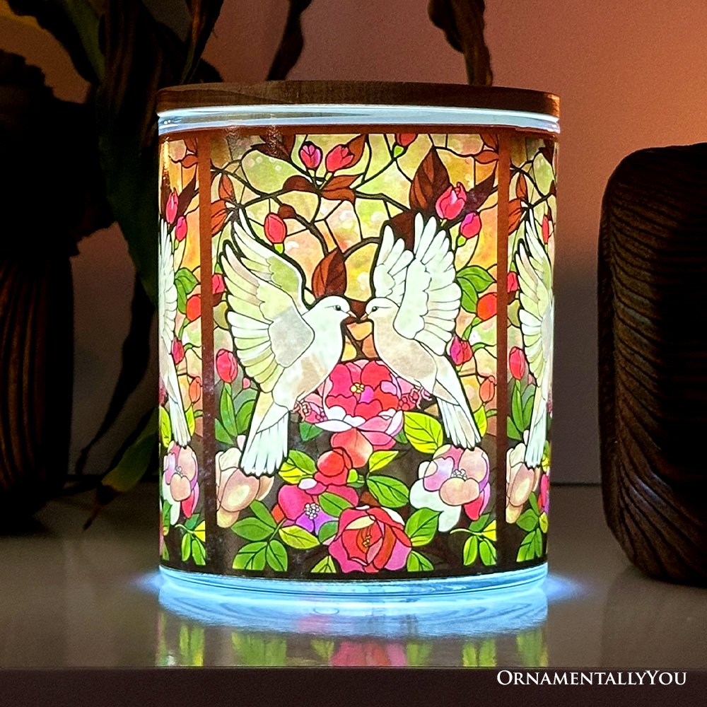 Doves Faux Stained Glass LED Tea Light Candle, Graceful Bird Tabletop Decor With Soft Glow