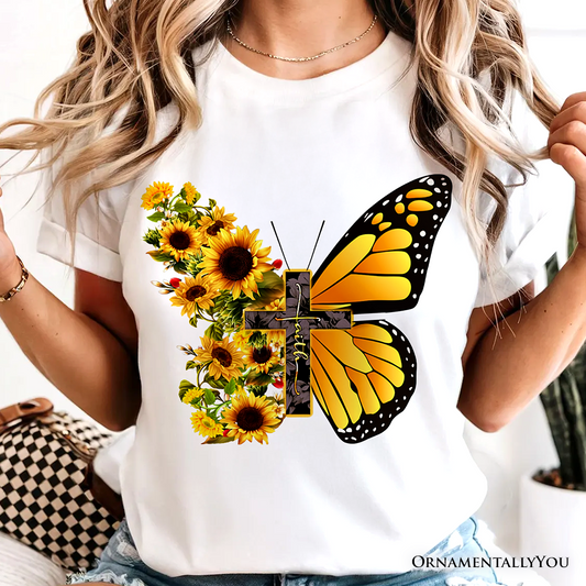 Faith Cross Butterfly T-Shirt, Christian Sunflower Floral Tee