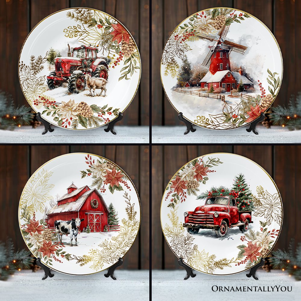 Decor Steals Special - Farmhouse Christmas Set of 4 Plates with Real Gold Elements, Holiday Tableware Collection for Salad, Dessert, Appetizer, and Side Plates