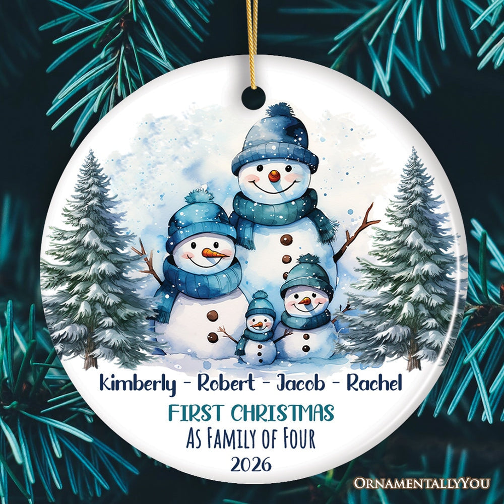 First Christmas Family of Four Personalized Ornament, Cute Artistic Snowmen Christmas Gift With Custom Names and Date