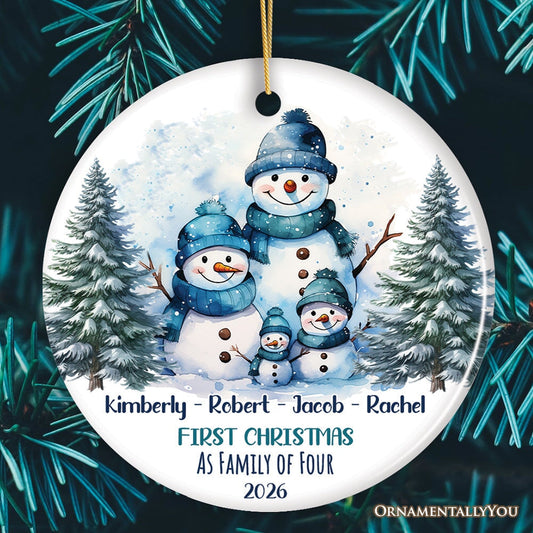 First Christmas Family of Four Personalized Ornament, Cute Artistic Snowmen Christmas Gift With Custom Names and Date