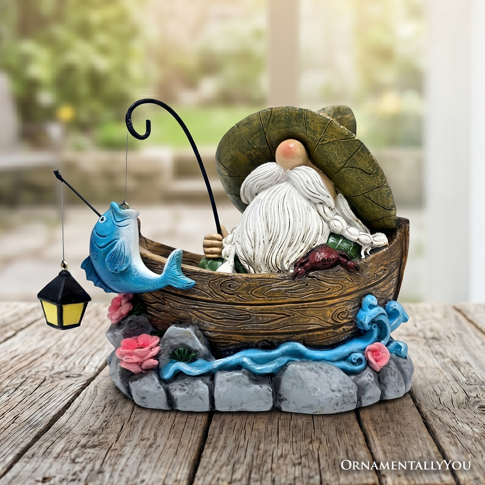 Fishing Gnome with Lantern Garden Statue, 6" Lighted Dwarf Figurine Outdoor Decor