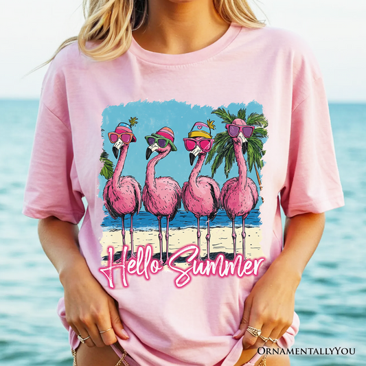 Flamingo Hello Summer T-Shirt, Tropical Beach Vacation Tee