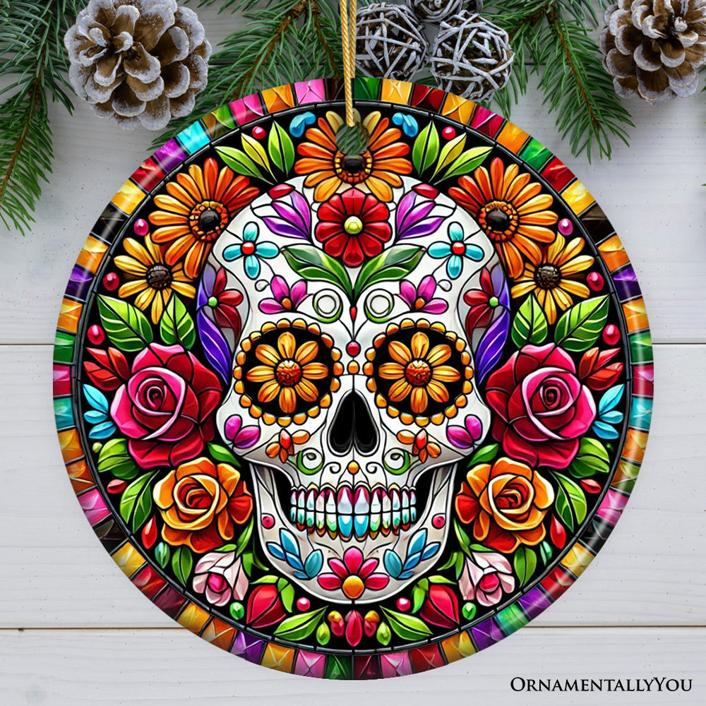 Floral Celebration Sugar Skull Stained Glass Style Ornament, Lush Blossom Christmas Gift and Decor
