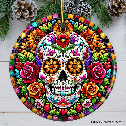 Floral Celebration Sugar Skull Stained Glass Style Ornament, Lush Blossom Christmas Gift and Decor