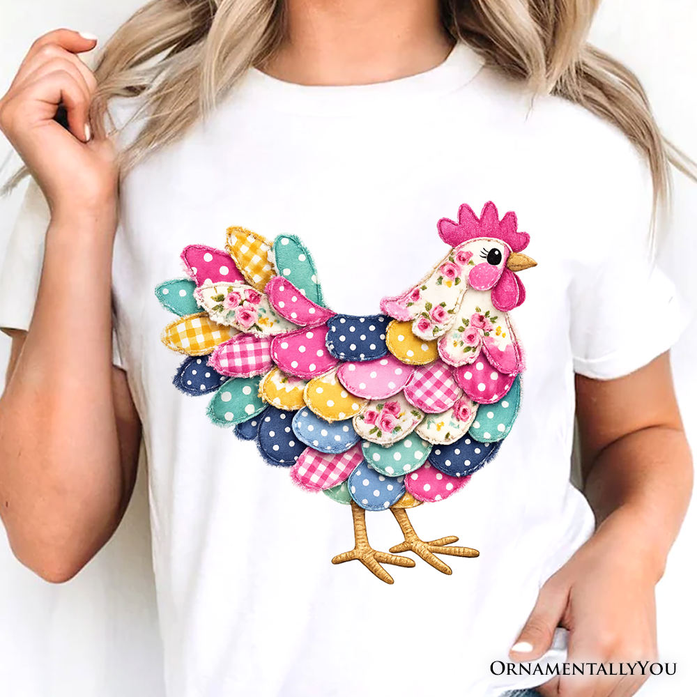 Floral Chicken Printed Faux Patchwork T-Shirt, Coquette Hen Farmhouse Tee