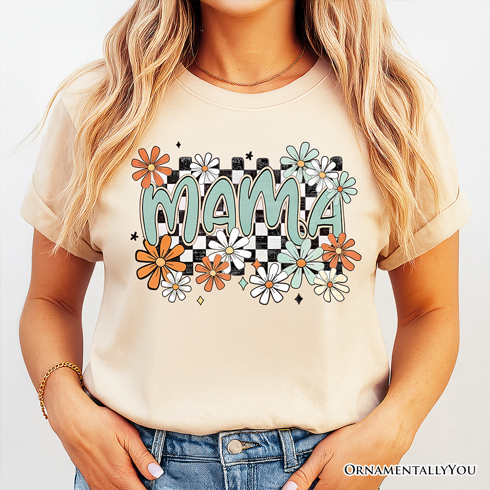 Floral Mama Checkered T-Shirt, White, Natural and Black Retro Tee for Stylish Mothers