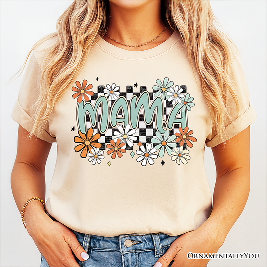 Floral Mama Checkered T-Shirt, White, Natural and Black Retro Tee for Stylish Mothers