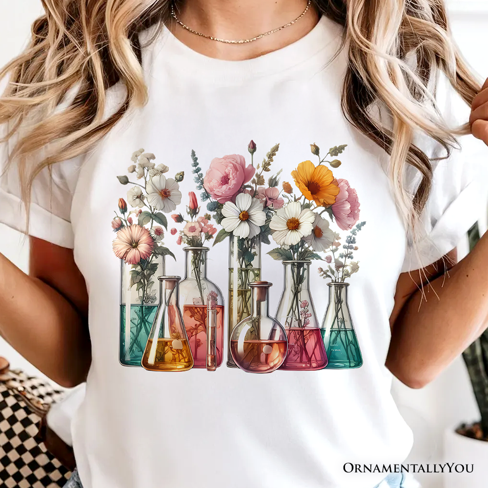 Floral Science Lab Beakers T-Shirt, Flowers Chemistry Scientist Tee