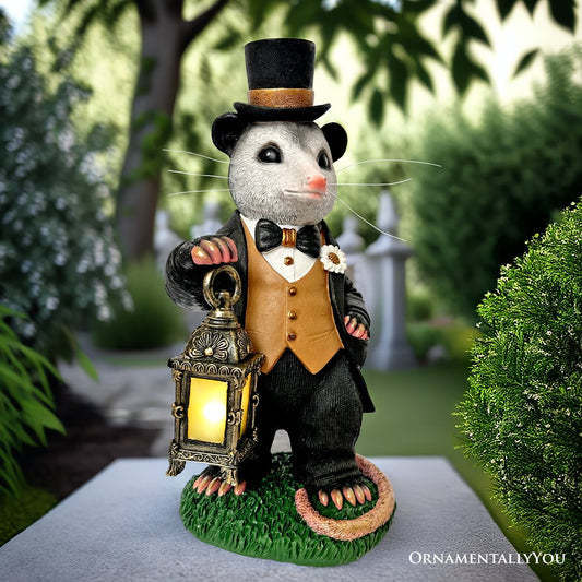 Gentleman Opossum the Victorian Nightcrawler with Solar Powered Lamp Statue, 13" Lighted Garden Statue