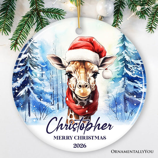 Giraffe with Santa Hat Personalized Ornament, Winter Forest Christmas Gift With Custom Name and Date