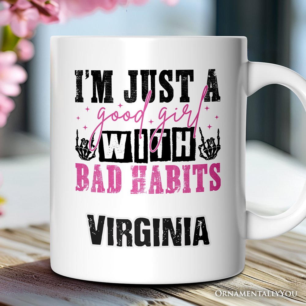 Good Girl with Bad Habits Personalized Mug, Grunge Skeleton Hands Rebellious Gift With Custom Name