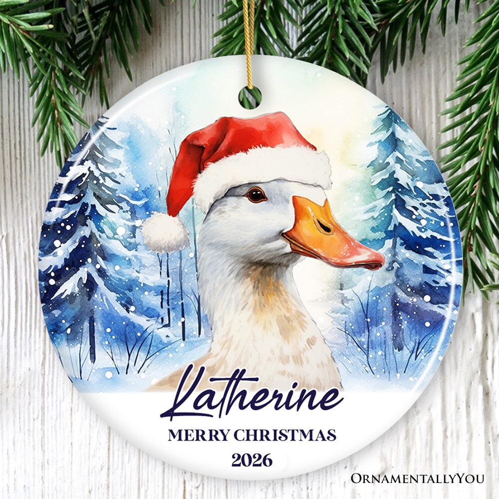 Goose with Santa Hat Personalized Ornament, Winter Forest Christmas Gift With Custom Name and Date