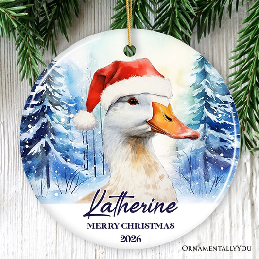 Goose with Santa Hat Personalized Ornament, Winter Forest Christmas Gift With Custom Name and Date