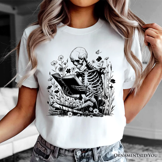 Gothic Reading Skeleton T-Shirt, Floral Halloween Tee for Spooky Bookworms