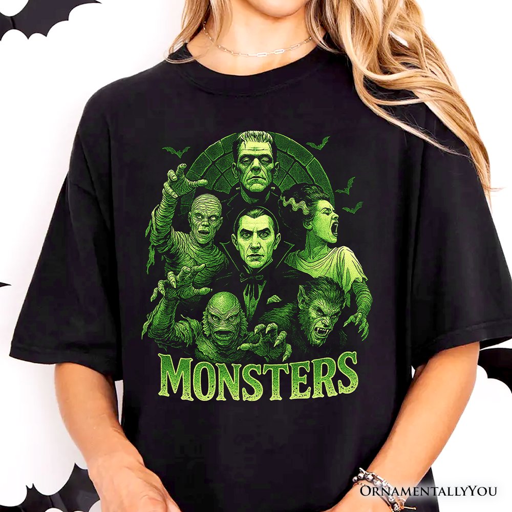 Green Retro Monsters T-Shirt, Vintage Classic Horror Halloween Tee