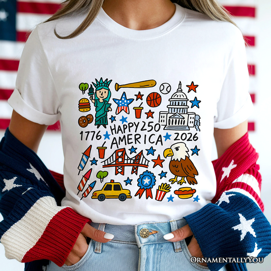 Happy 250 America Doodle T-Shirt, Patriotic USA 1776-2026 250th Anniversary Tee