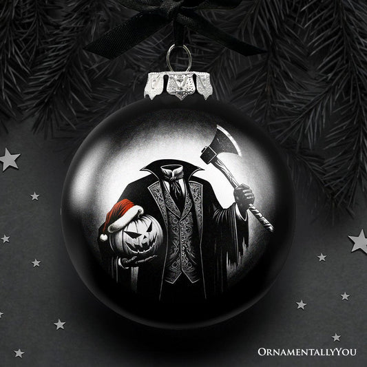 Headless Horseman Spooky Portrait Glass Christmas Ornament, Black Horror Halloween Tree Decoration