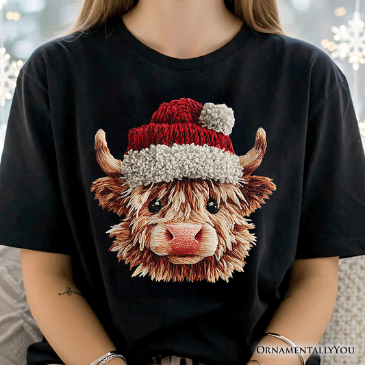 Highland Cow Santa Hat Christmas T-Shirt, Imitation Latch Hook Yarn Cozy Tee
