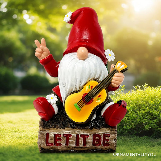 (Pre-Order) Hippy Gnome with Guitar Garden Statue, Unique Flowers and Peace Sign
