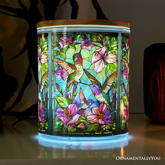 Hummingbird Faux Stained Glass LED Tea Light Candle, Delicate Nature Inspired Decor With Soft Glow