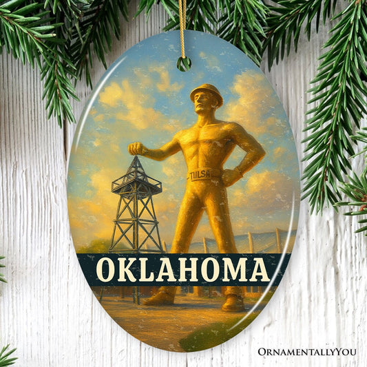 Iconic Oklahoma Oil Heritage Christmas Ornament, Tulsa Golden Driller Landmark Gift and Tree Decor