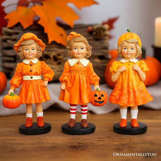 Inviting Pumpkin Girl Trio Set of Figurines, 6" Victorian Autumn Fall and Halloween Table Decoration